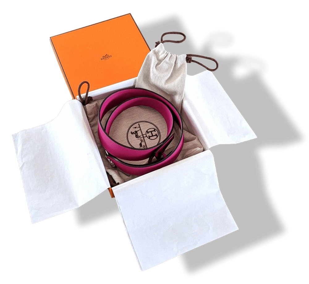 Hermes [25] Pourpre Pink Swift/Barenia Bag SHOULDER STRAP CLOCHETTE 105 2 Snap Hooks AG, BNIB! - poupishop