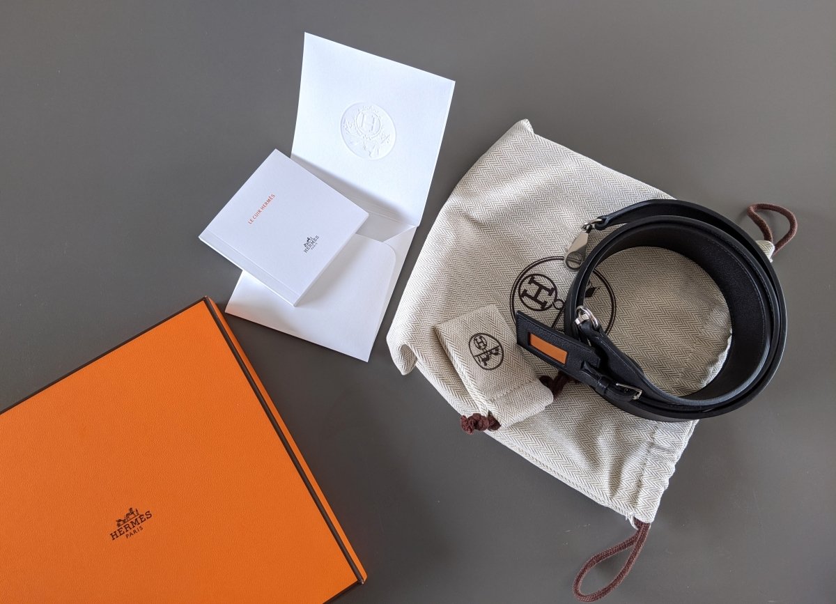 Hermes [28] Black Swift/Barenia Bag SHOULDER STRAP CLOCHETTE 105 2 Snap Hooks AG, BNIB! - poupishop