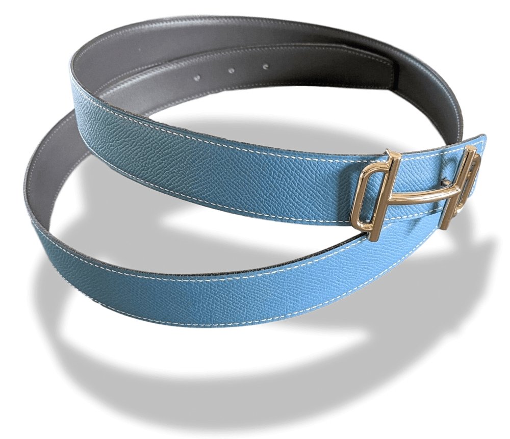 Hermes [3] 1998 Elephant Grey Box/Blue Epsom Reversible Leather Strap Belt 32 MM Sz110, NIB! - poupishop