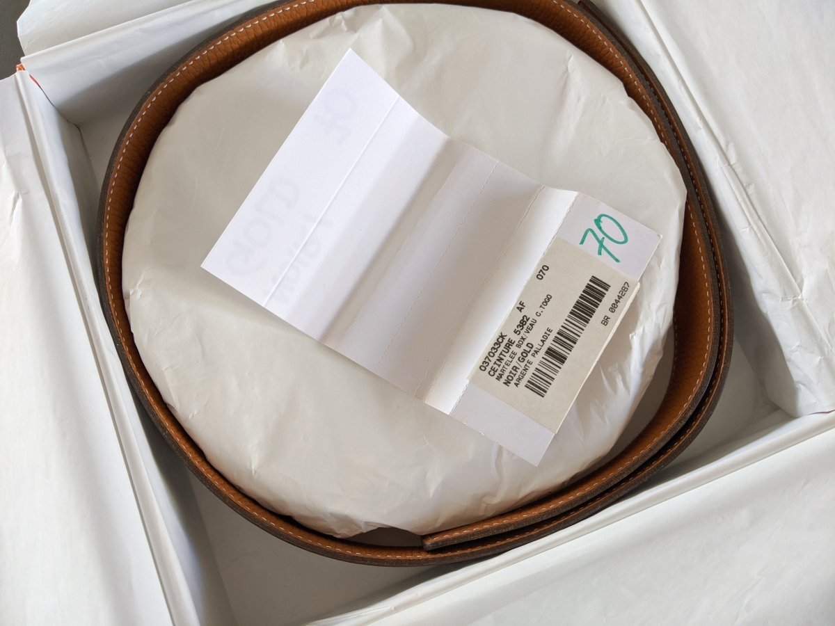 Hermes [34] 2002 Black Box/Gold Togo Reversible Leather Strap Belt 32 MM Sz70, NIB! - poupishop