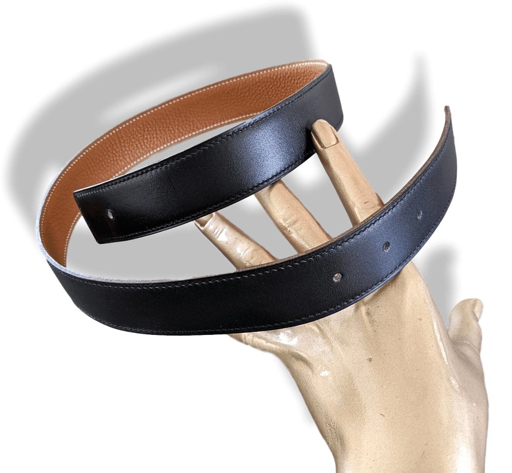 Hermes [34] 2002 Black Box/Gold Togo Reversible Leather Strap Belt 32 MM Sz70, NIB! - poupishop