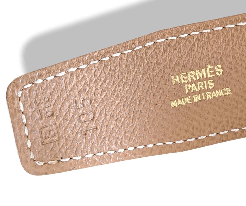 Hermes [35] 1998 Beige Box/Chocolat Togo Reversible Leather Strap Belt 32 MM Sz105, NIB! - poupishop