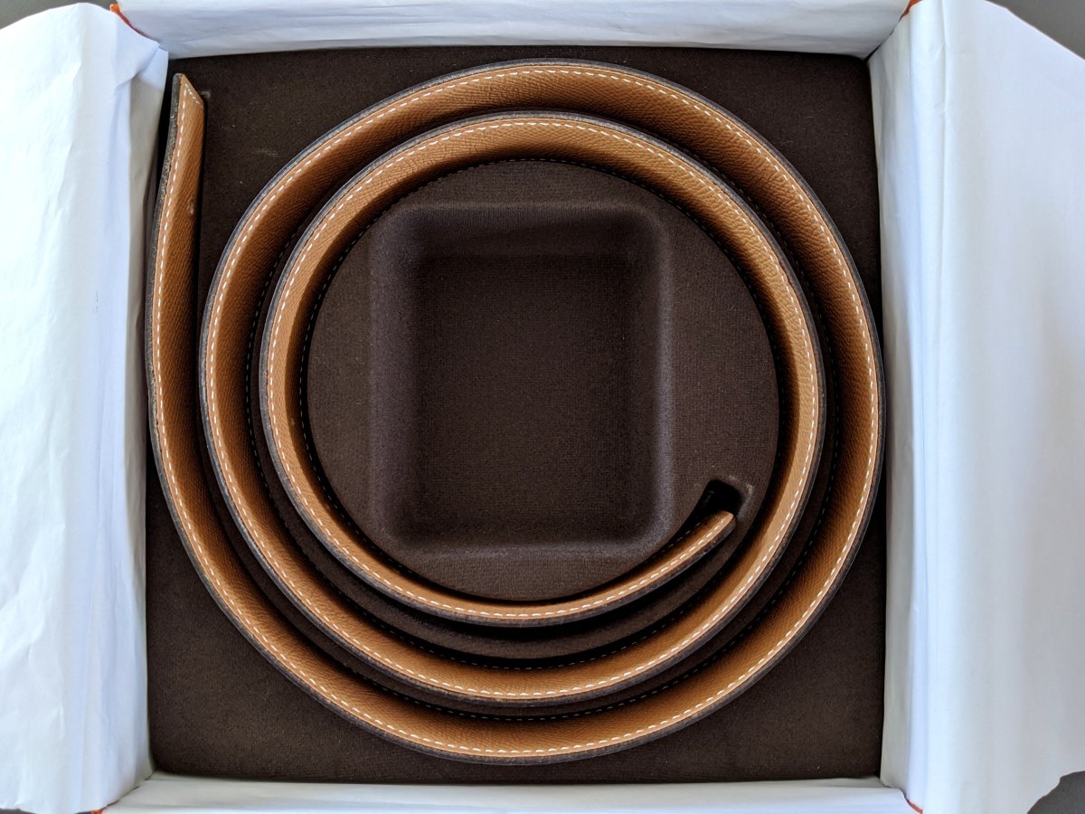 Hermes [35] 1998 Beige Box/Chocolat Togo Reversible Leather Strap Belt 32 MM Sz105, NIB! - poupishop