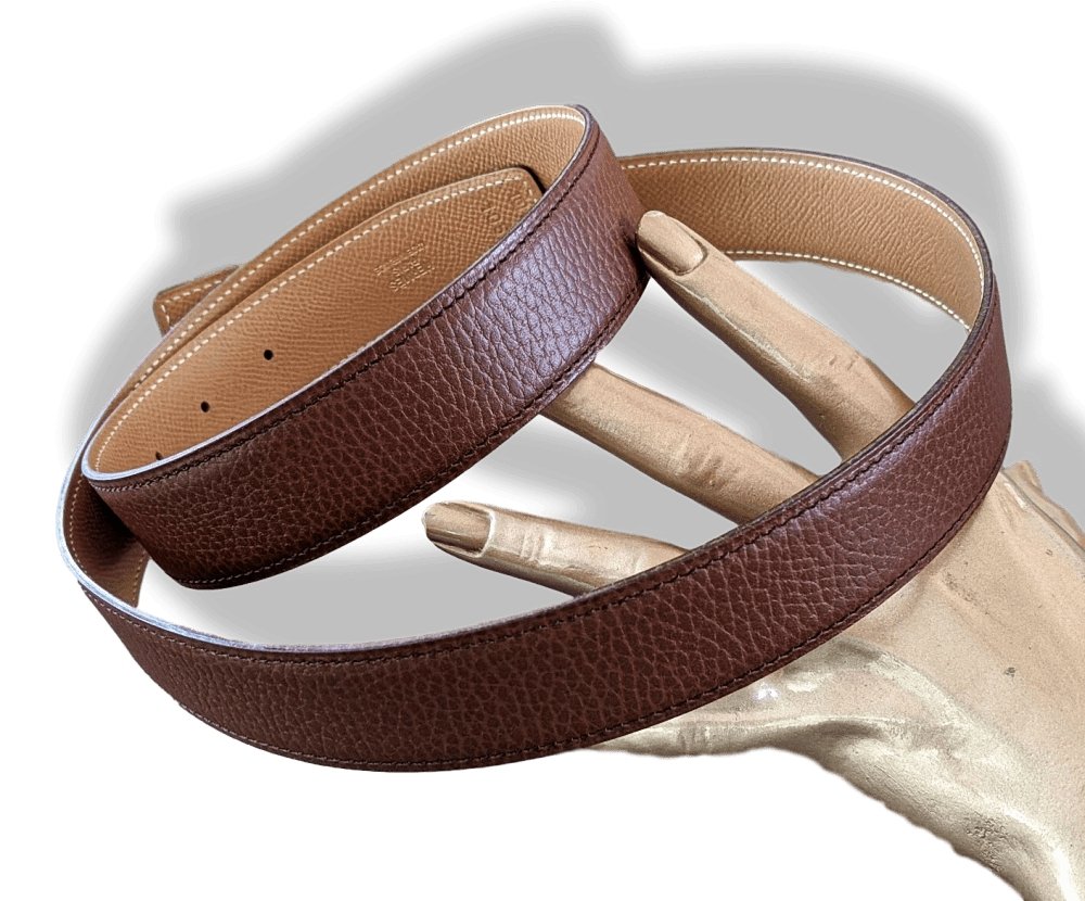 Hermes [35] 1998 Beige Box/Chocolat Togo Reversible Leather Strap Belt 32 MM Sz105, NIB! - poupishop