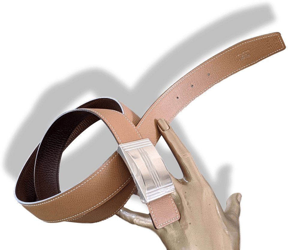 Hermes [35] 1998 Beige Box/Chocolat Togo Reversible Leather Strap Belt 32 MM Sz105, NIB! - poupishop