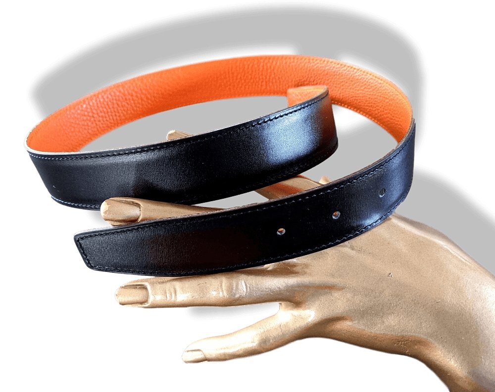 Hermes [37] 2003 Black Box/Orange Togo Reversible Leather Strap Belt 32 MM, NIB! - poupishop