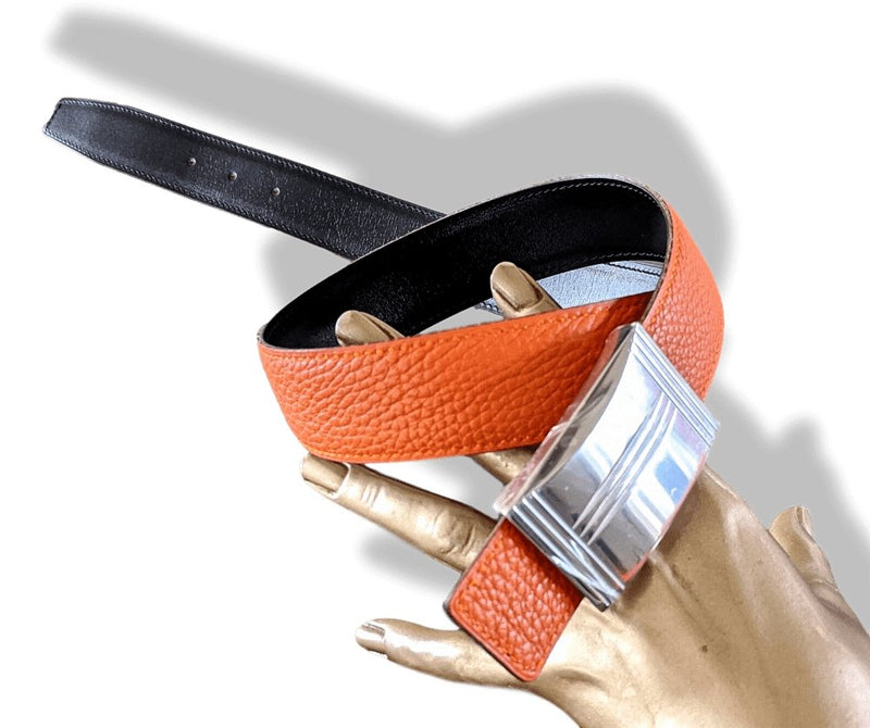 Hermes [37] 2003 Black Box/Orange Togo Reversible Leather Strap Belt 32 MM, NIB! - poupishop