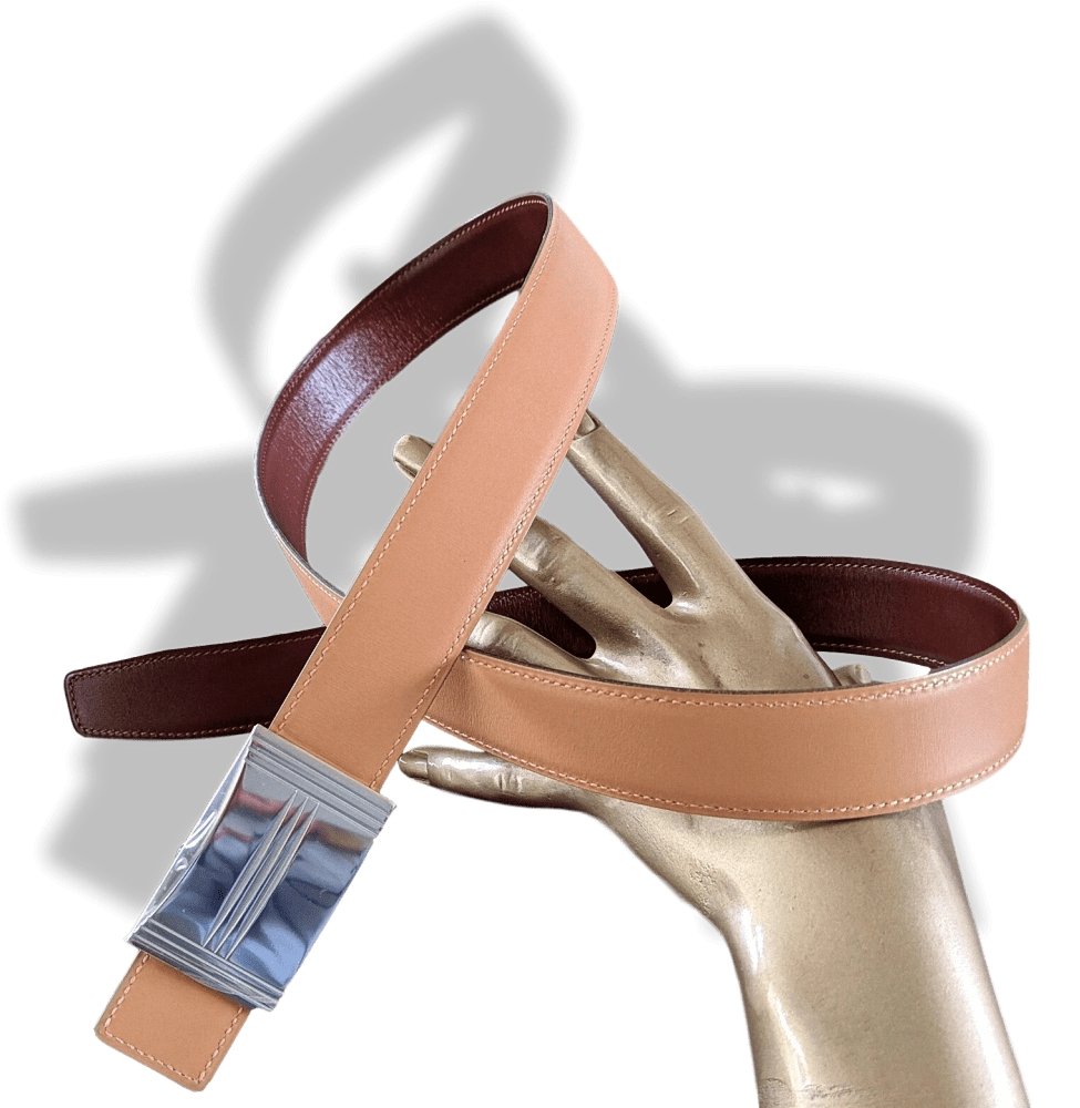 Hermes [38] 1995 Beige Rosé/Rouge-Brun Reversible Box/Box Leather Strap Belt 32 MM Sz100, NIB! - poupishop