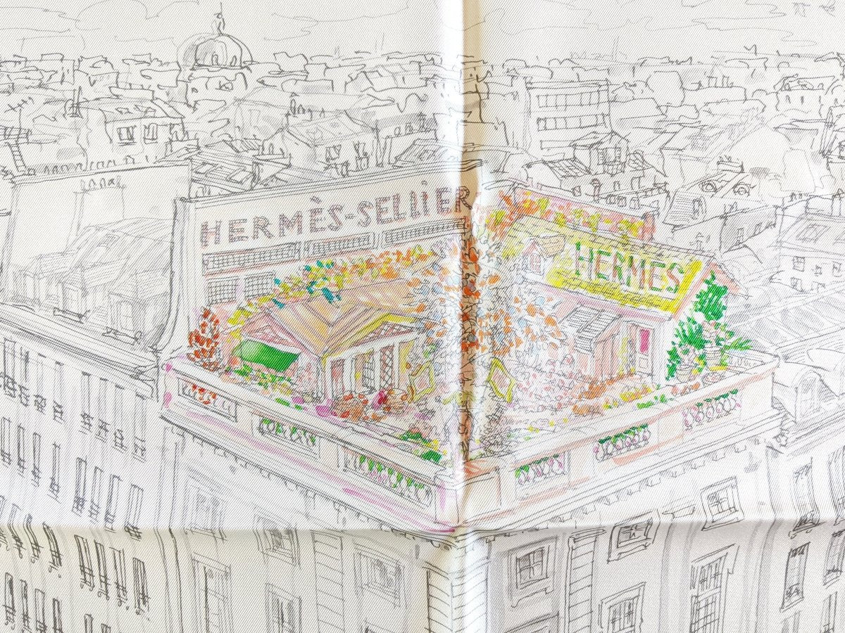 Hermes [40] 2019 White/Grey/Mutli UN JARDIN SUR LE TOIT Gavroche Twill Carre 45 CM, BNWTIB! - poupishop
