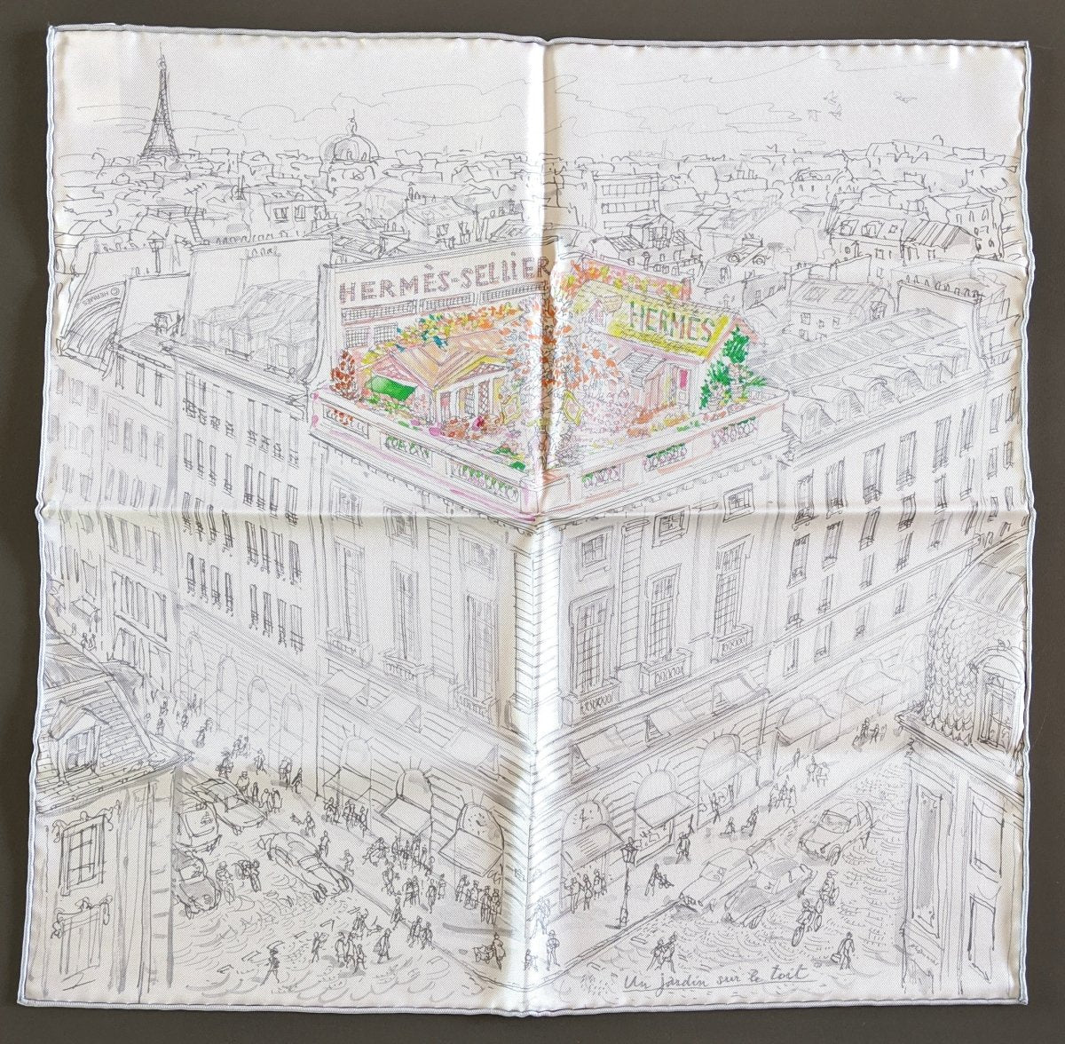 Hermes [40] 2019 White/Grey/Mutli UN JARDIN SUR LE TOIT Gavroche Twill Carre 45 CM, BNWTIB! - poupishop
