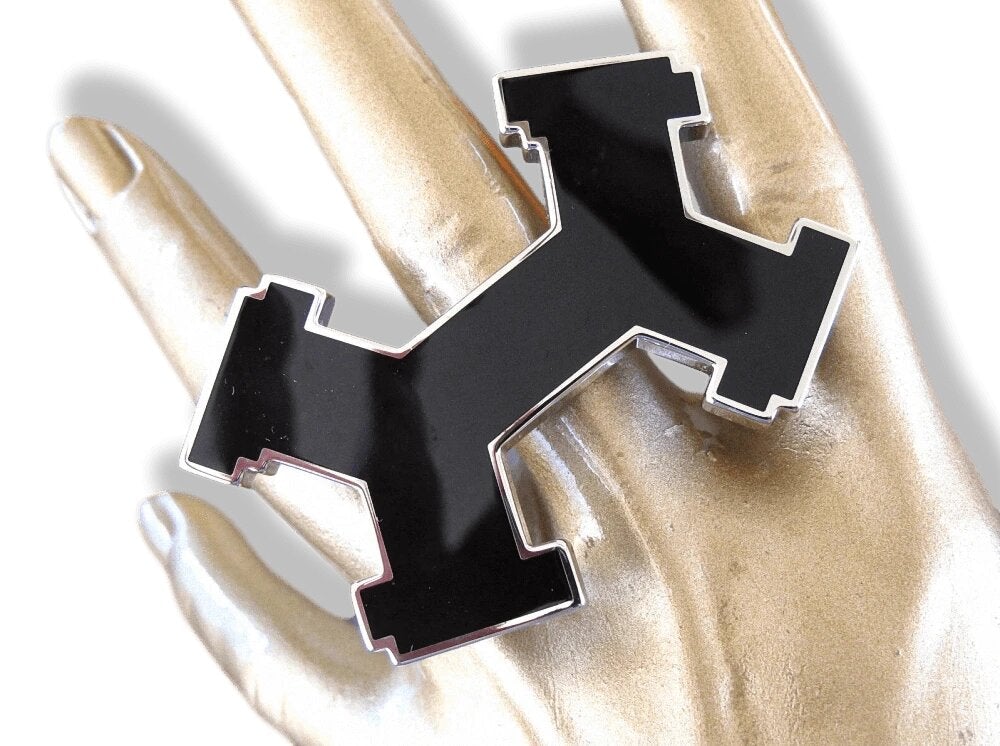 Hermes [55] Black Lacquered Enamel & Palladium STREET Belt Buckle H 32 mm, New in White Box!! - poupishop