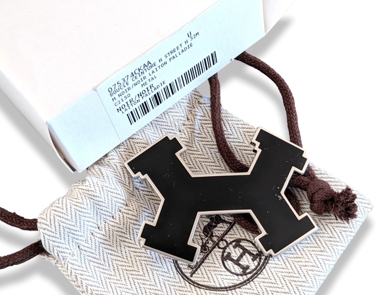 Hermes [55] Black Lacquered Enamel & Palladium STREET Belt Buckle H 32 mm, New in White Box!! - poupishop