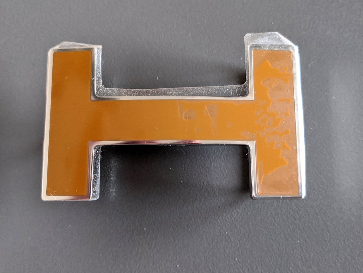 Hermes [66] Caramel Ochre Lacquered Enamel & Palladium QUIZZ Belt Buckle H 32 mm, New with Pochette! - poupishop
