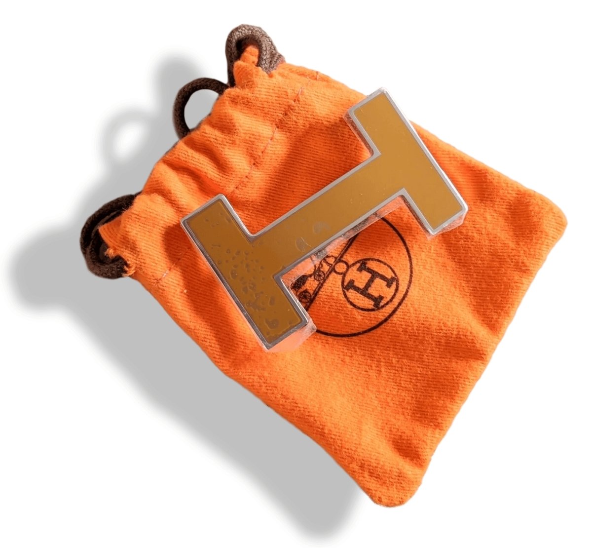 Hermes [66] Caramel Ochre Lacquered Enamel & Palladium QUIZZ Belt Buckle H 32mm, New with Pochette! - poupishop