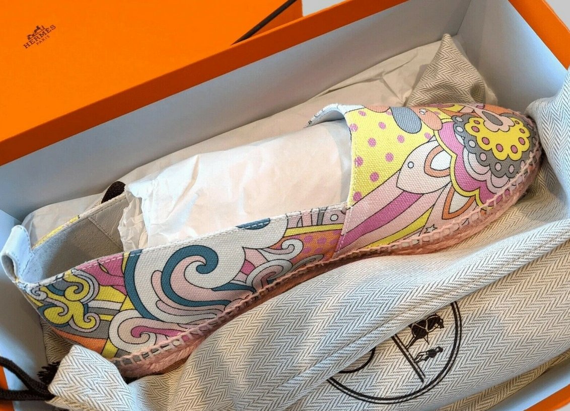 Hermes [68] Womens' Pink Psychedelic Cotton Canvas Espadrilles Sneakers Cord Shoes, Sz40, BNIB! - poupishop