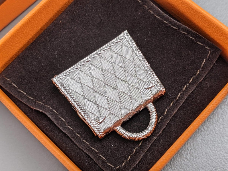 Hermes [70] 2019 Shiny Silver and Palladium "Curiosite Kelly Bag" Guillochee Charm Pendant, BNIB! - poupishop