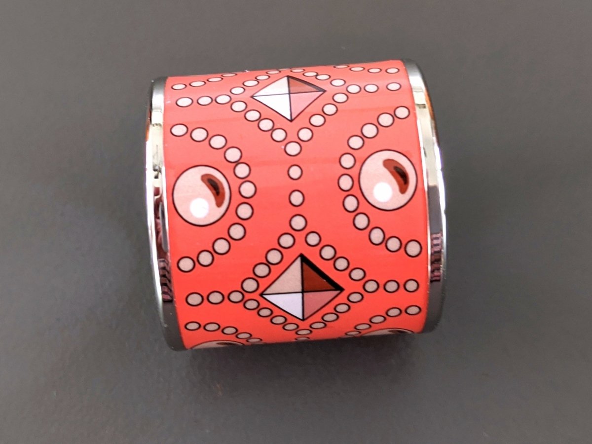 Hermes [72] Coral and Palladium Enamel COLLIER DE CHIEN Scarf Ring, BNWTIB! - poupishop
