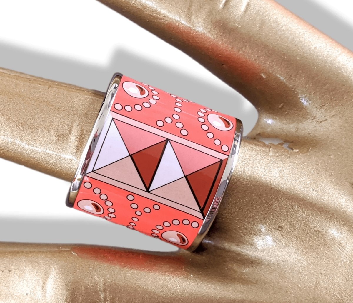 Hermes [72] Coral and Palladium Enamel COLLIER DE CHIEN Scarf Ring, BNWTIB! - poupishop