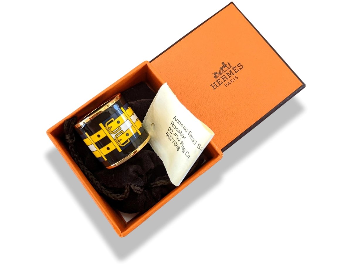Hermes [75] 2014 Black/Yellow Enamel ROCABAR Scarf Ring GHW, BNIB! - poupishop