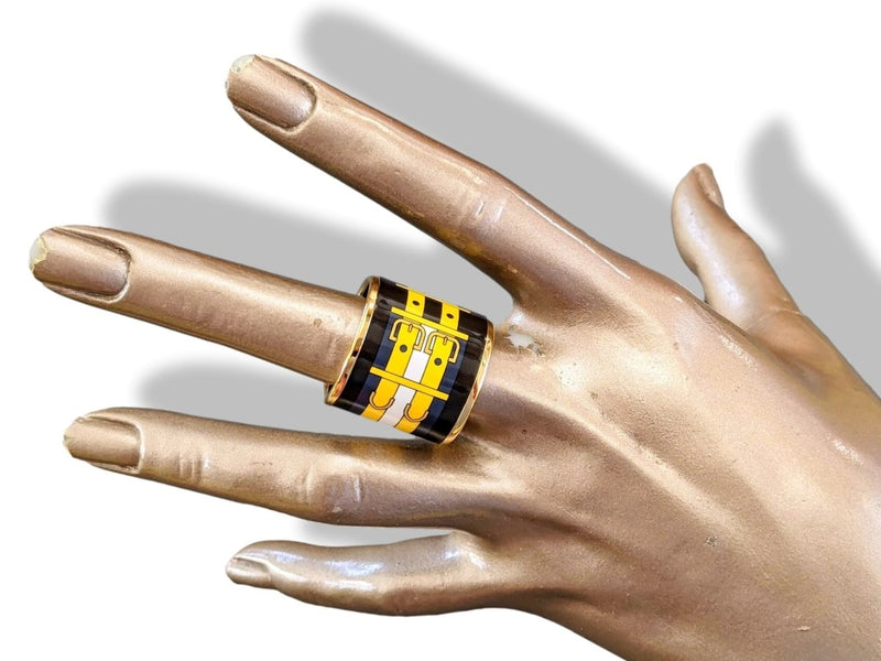 Hermes [75] 2014 Black/Yellow Enamel ROCABAR Scarf Ring GHW, BNIB! - poupishop
