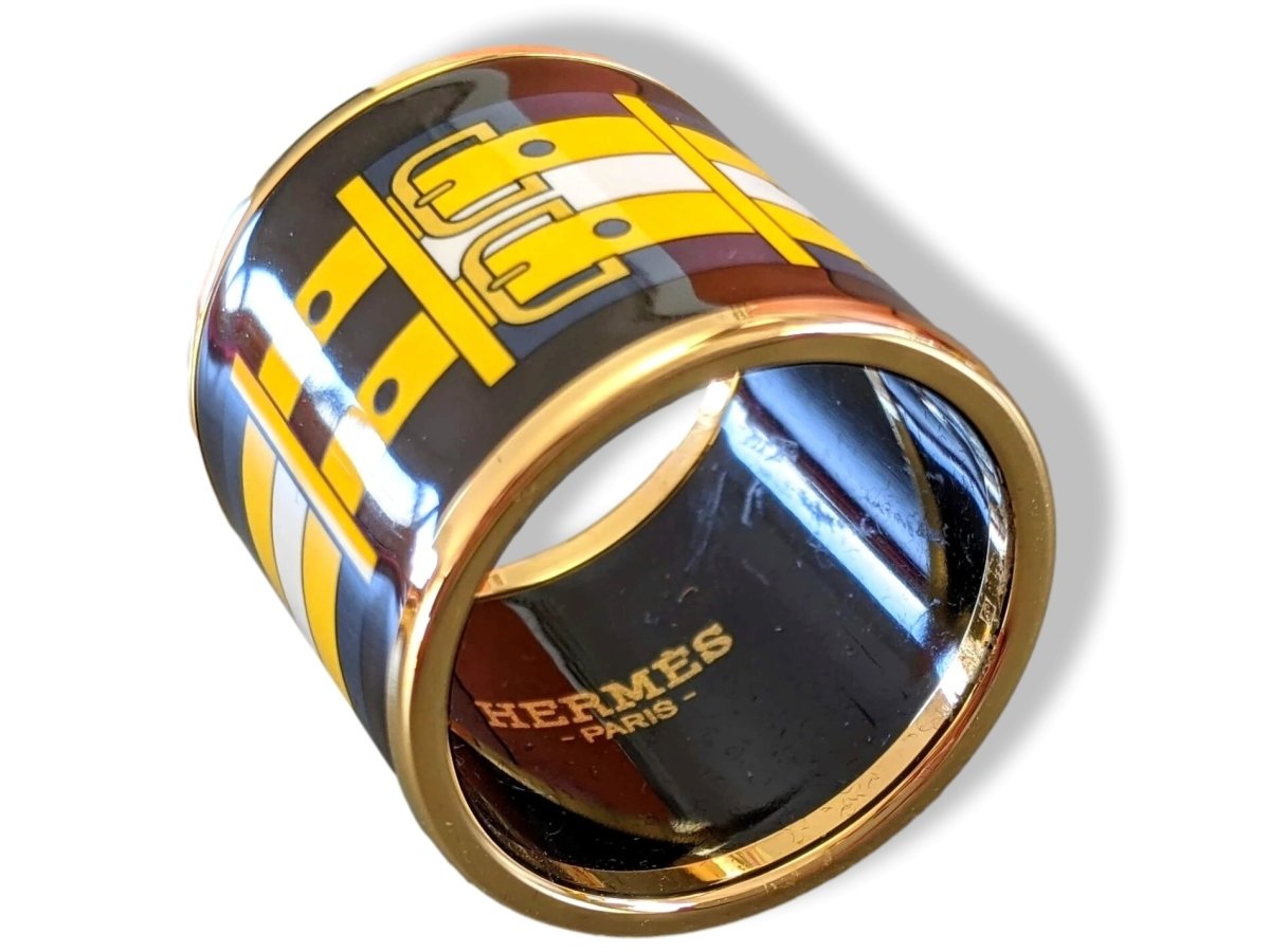Hermes [75] 2014 Black/Yellow Enamel ROCABAR Scarf Ring GHW, BNIB! - poupishop