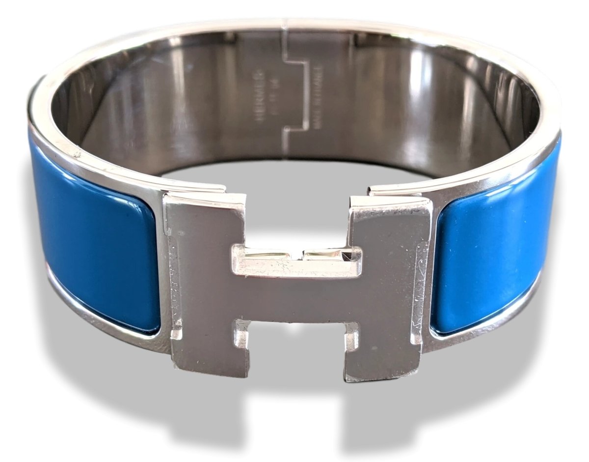 Hermes [75] Intense Blue Enamel & Palladium AG CLIC CLAC H Wide Bangle Bracelet Sz PM, BNIB! - poupishop