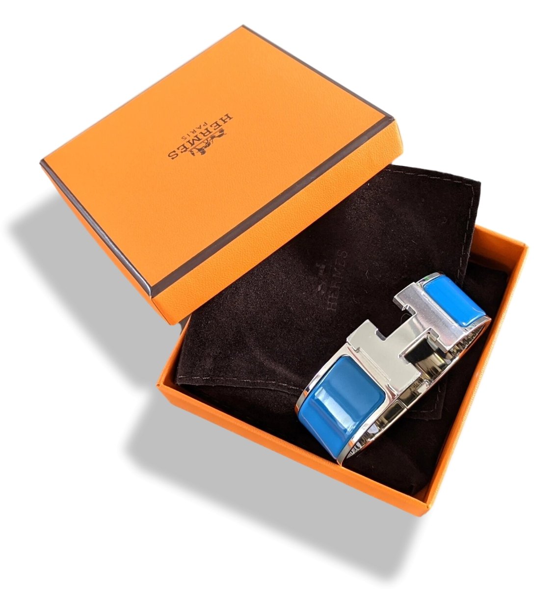 Hermes [75] Intense Blue Enamel & Palladium AG CLIC CLAC H Wide Bangle Bracelet Sz PM, BNIB! - poupishop