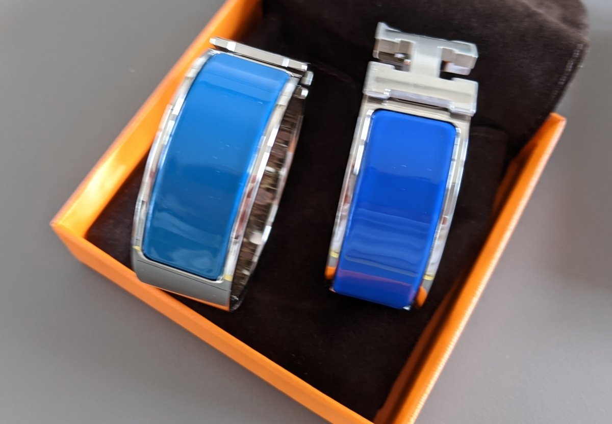 Hermes [75] Intense Blue Enamel & Palladium AG CLIC CLAC H Wide Bangle Bracelet Sz PM, BNIB! - poupishop