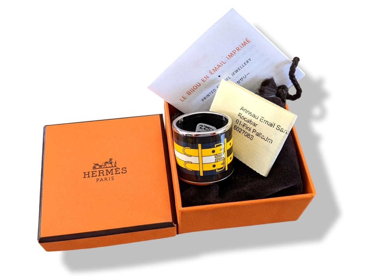Hermes [76] 2014 Black/Yellow Enamel ROCABAR Scarf Ring PHW, BNIB! - poupishop
