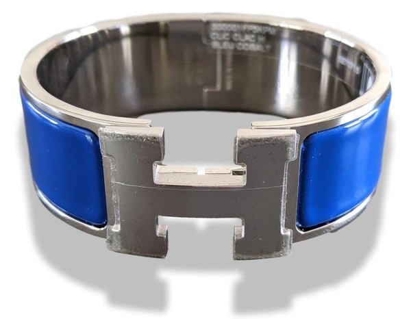 Hermes [76] Cobalt Blue Enamel & Palladium AG CLIC CLAC H Wide Bangle Bracelet Sz PM, BNIB! - poupishop