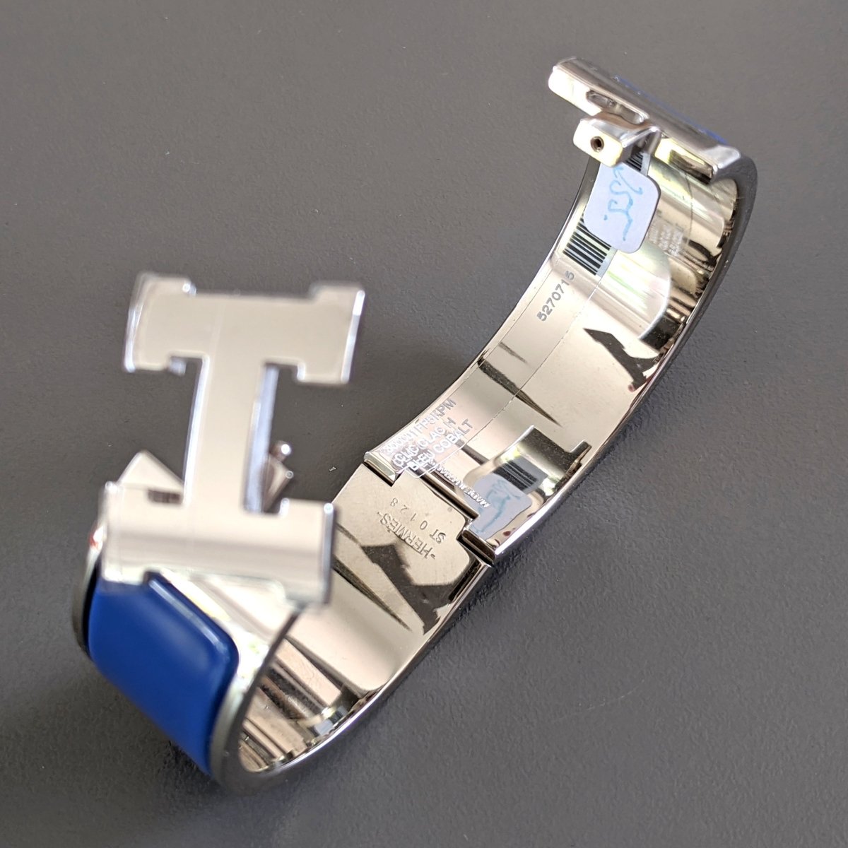 Hermes [76] Cobalt Blue Enamel & Palladium AG CLIC CLAC H Wide Bangle Bracelet Sz PM, BNIB! - poupishop