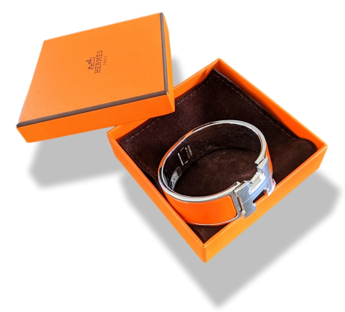 Hermes [77] Orange Enamel & Palladium AG CLIC CLAC H Wide Bangle Bracelet Sz PM, BNIB! - poupishop