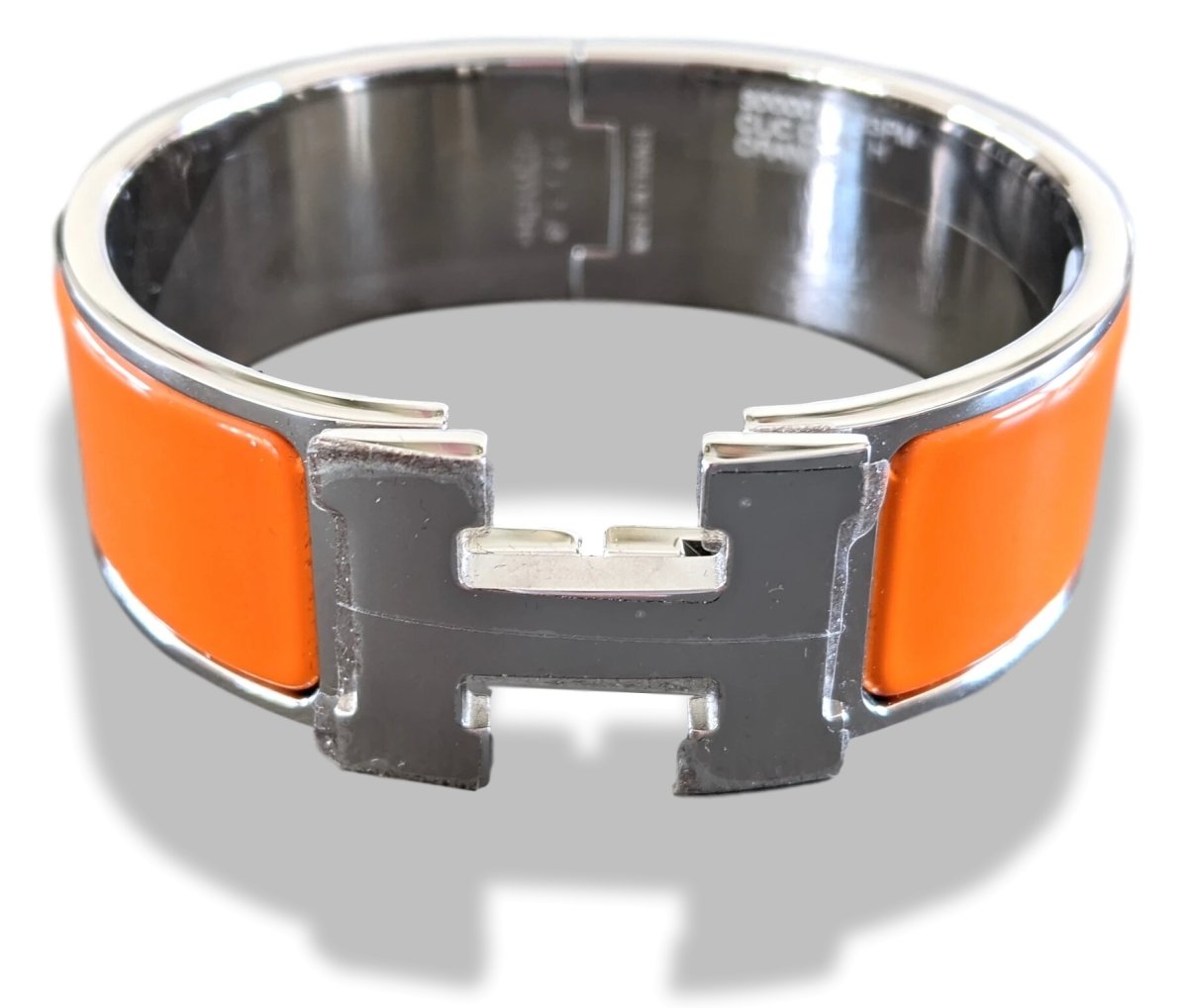 Hermes [77] Orange Enamel & Palladium AG CLIC CLAC H Wide Bangle Bracelet Sz PM, BNIB! - poupishop