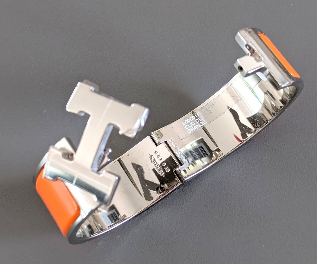 Hermes [77] Orange Enamel & Palladium AG CLIC CLAC H Wide Bangle Bracelet Sz PM, BNIB! - poupishop