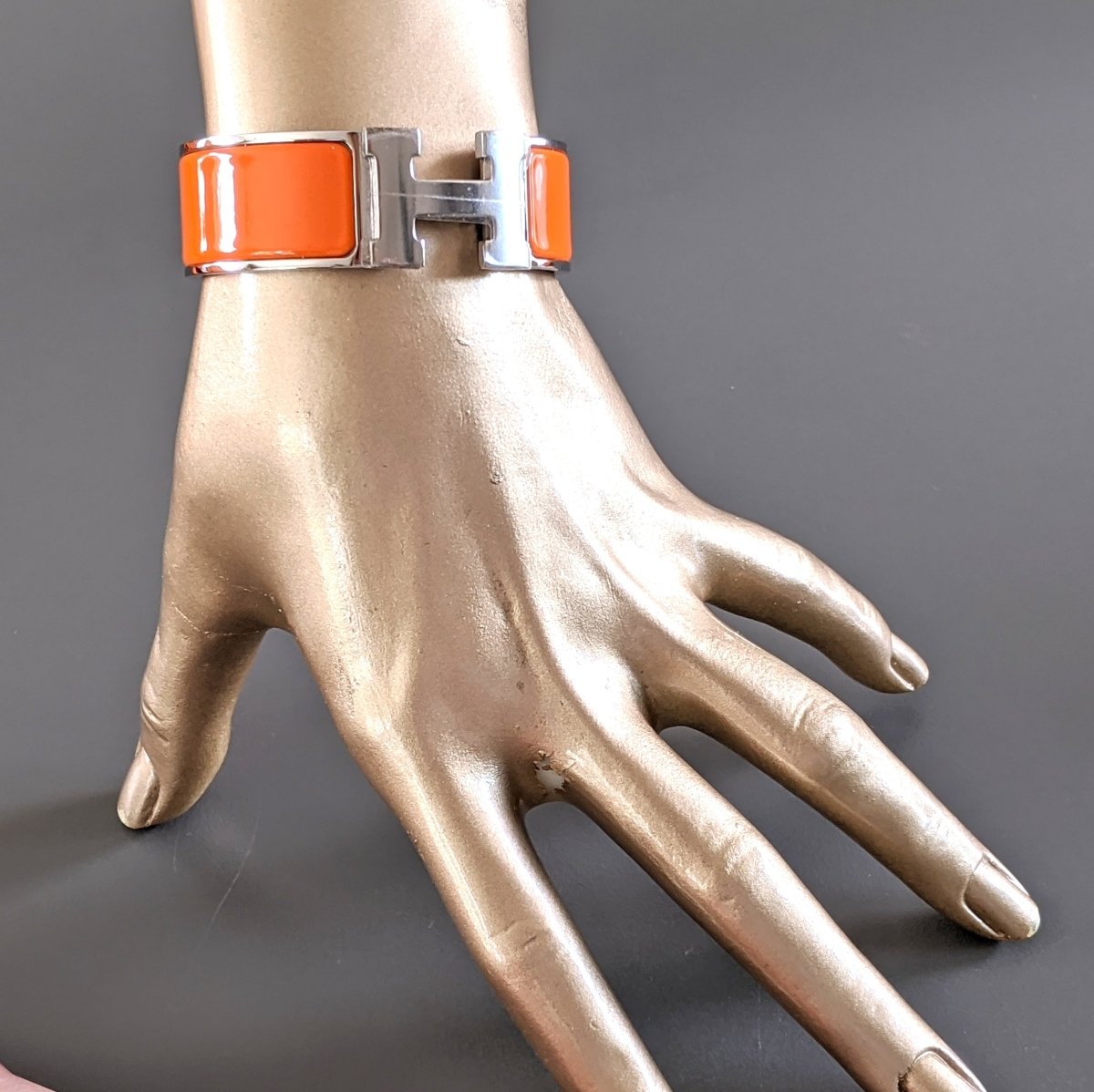 Hermes [77] Orange Enamel & Palladium AG CLIC CLAC H Wide Bangle Bracelet Sz PM, BNIB! - poupishop