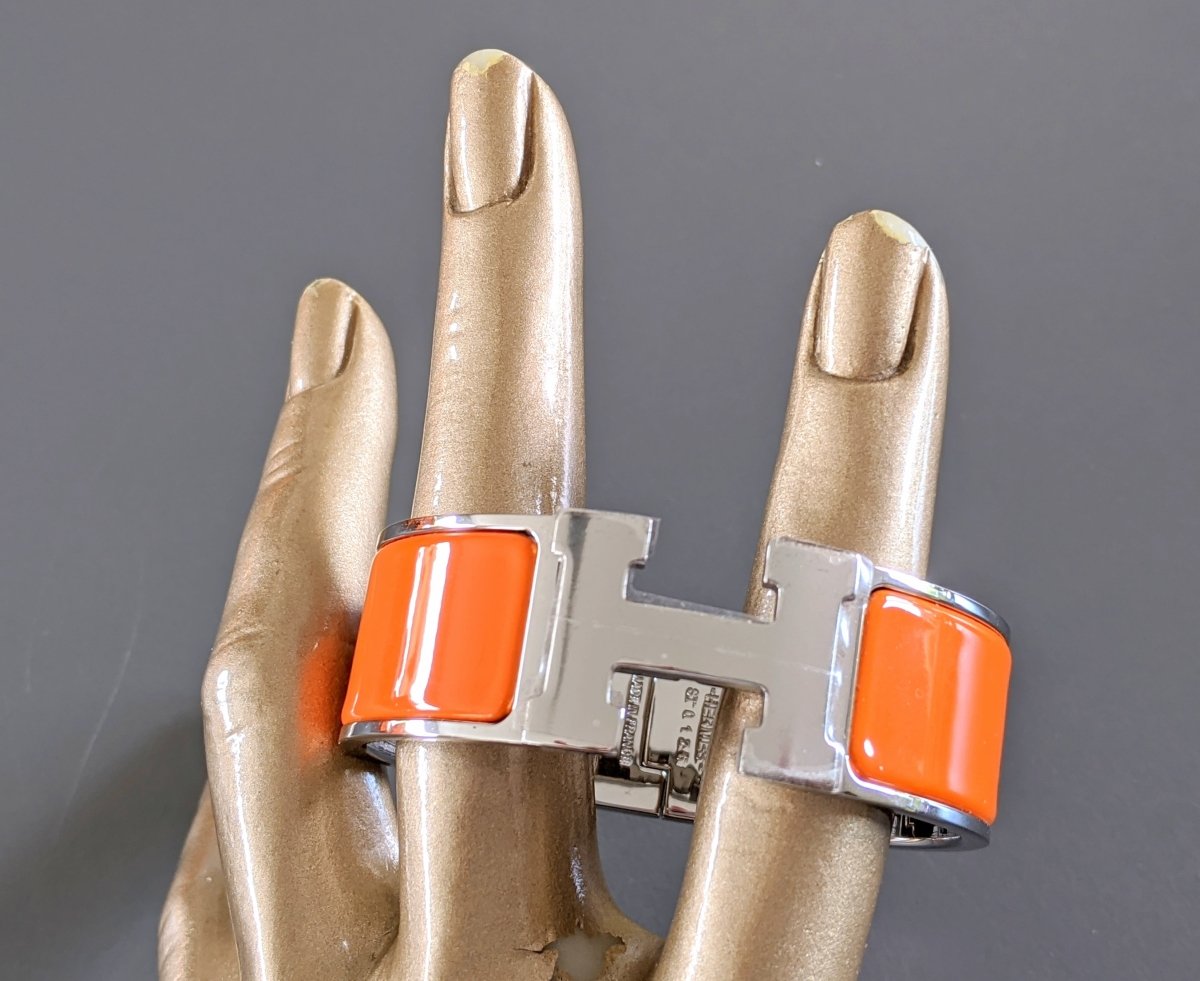 Hermes [77] Orange Enamel & Palladium AG CLIC CLAC H Wide Bangle Bracelet Sz PM, BNIB! - poupishop