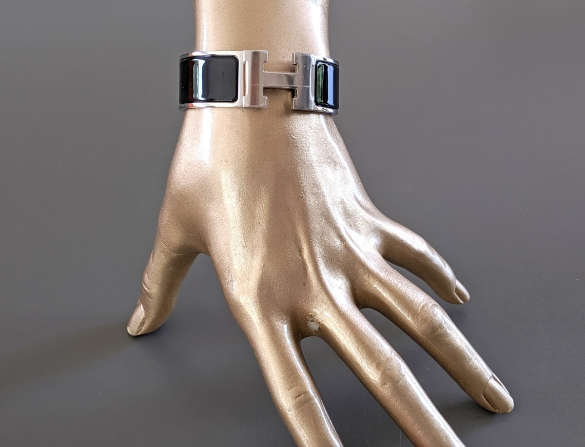 Hermes [78] Black Enamel & Palladium AG CLIC CLAC H Wide Bangle Bracelet Sz PM, BNIB! - poupishop