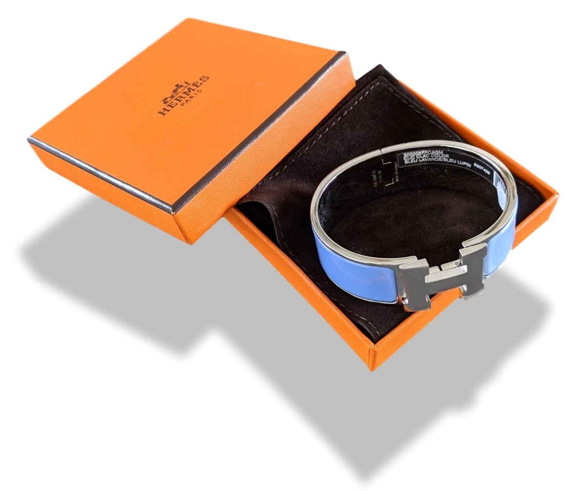 Hermes [79] Lavander/Lupin Enamel & Palladium AG CLIC CLAC H COLOR Wide Bangle Bracelet Sz GM, BNIB! - poupishop