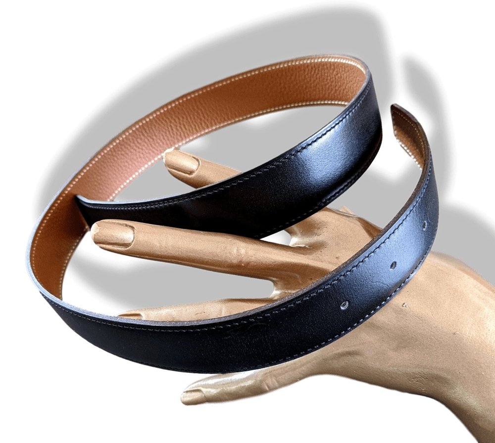 Hermes [8] 2004 Black Box/Gold Togo Reversible Leather Strap Belt 32 MM Sz75, NIB! - poupishop