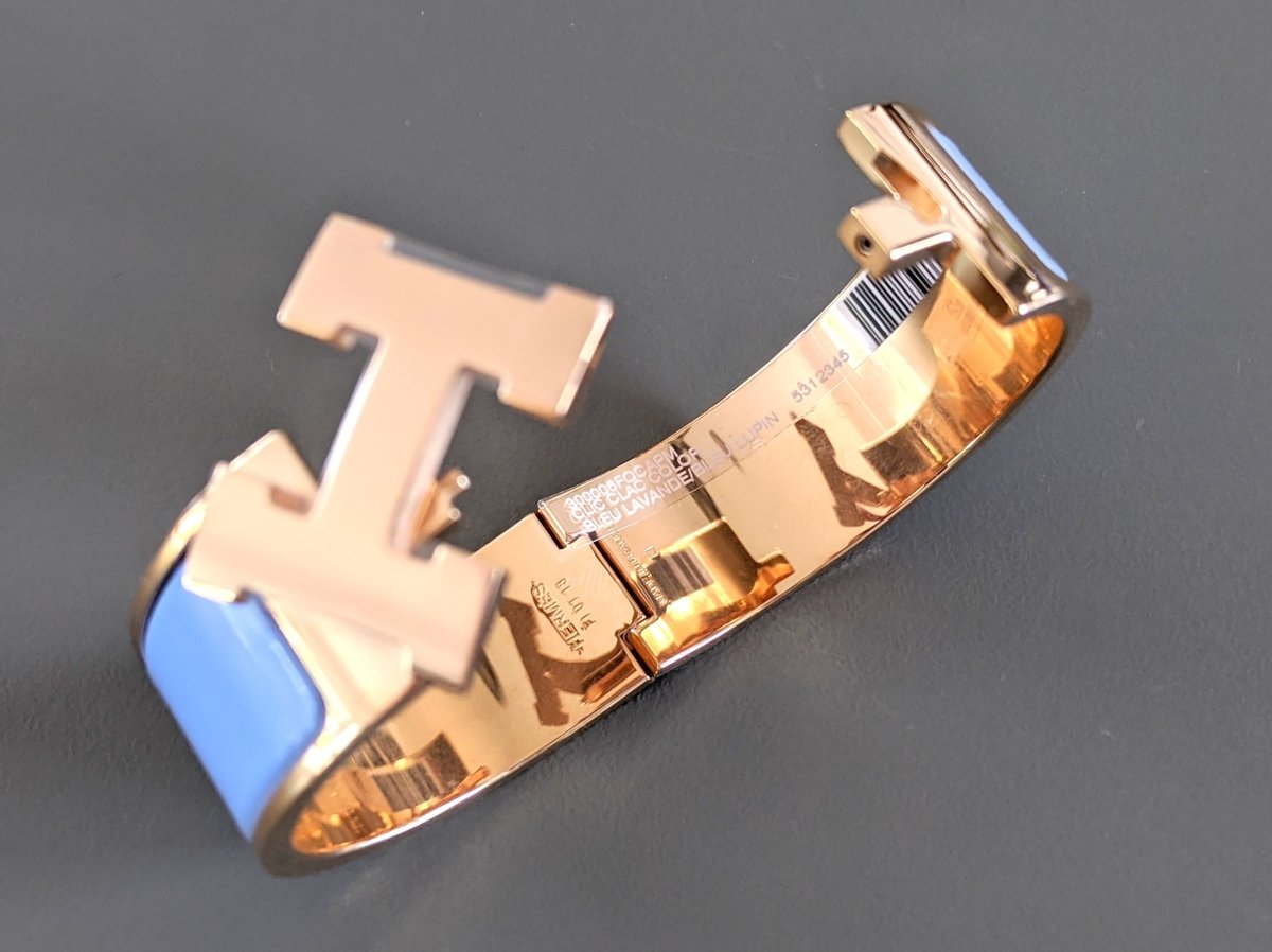 Hermes [81] Lavander/Lupin Enamel & Pink Gold CLIC CLAC H COLOR Wide Bangle Bracelet Sz PM, BNIB! - poupishop