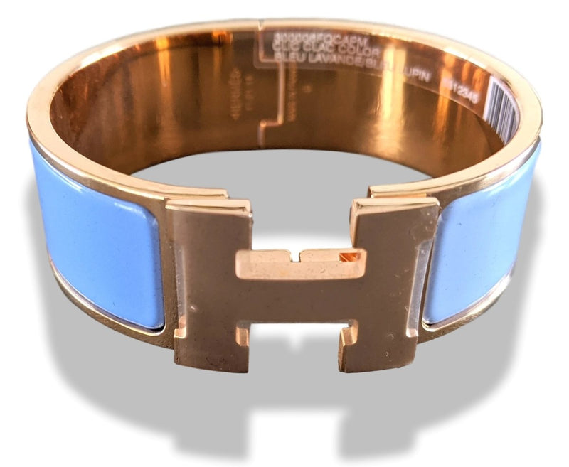 Hermes [81] Lavander/Lupin Enamel & Pink Gold CLIC CLAC H COLOR Wide Bangle Bracelet Sz PM, BNIB! - poupishop