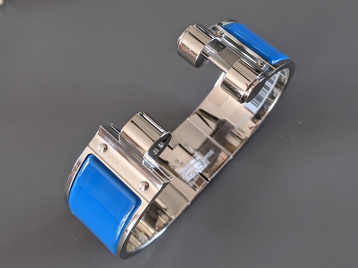 Hermes [82] Intense Blue Enamel & Palladium CHARNIERE Wide Bangle Bracelet Sz S, BNIB! - poupishop