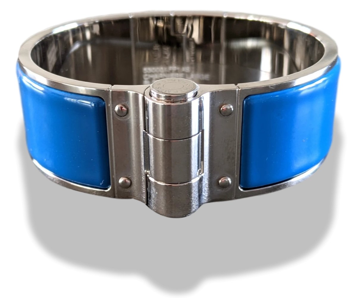 Hermes [82] Intense Blue Enamel & Palladium CHARNIERE Wide Bangle Bracelet Sz S, BNIB! - poupishop