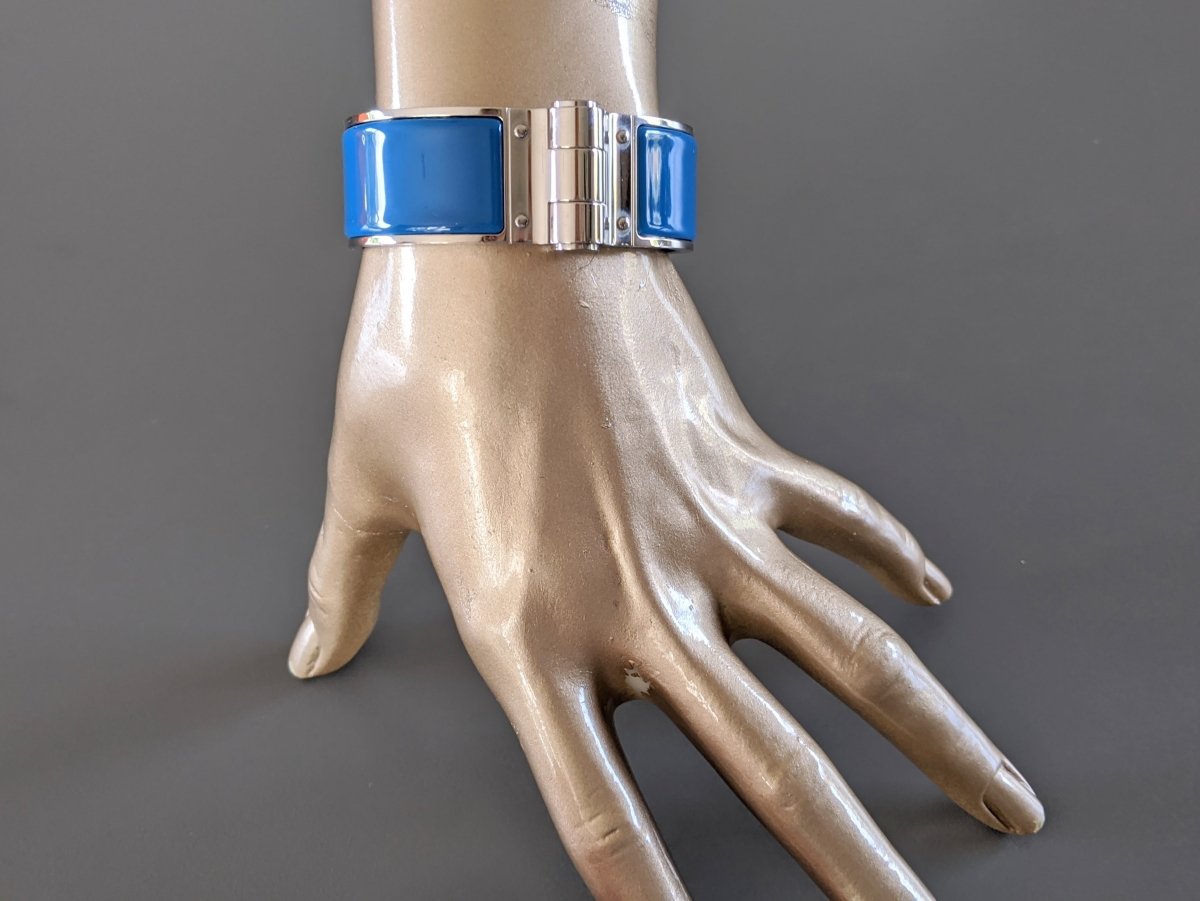 Hermes [82] Intense Blue Enamel & Palladium CHARNIERE Wide Bangle Bracelet Sz S, BNIB! - poupishop