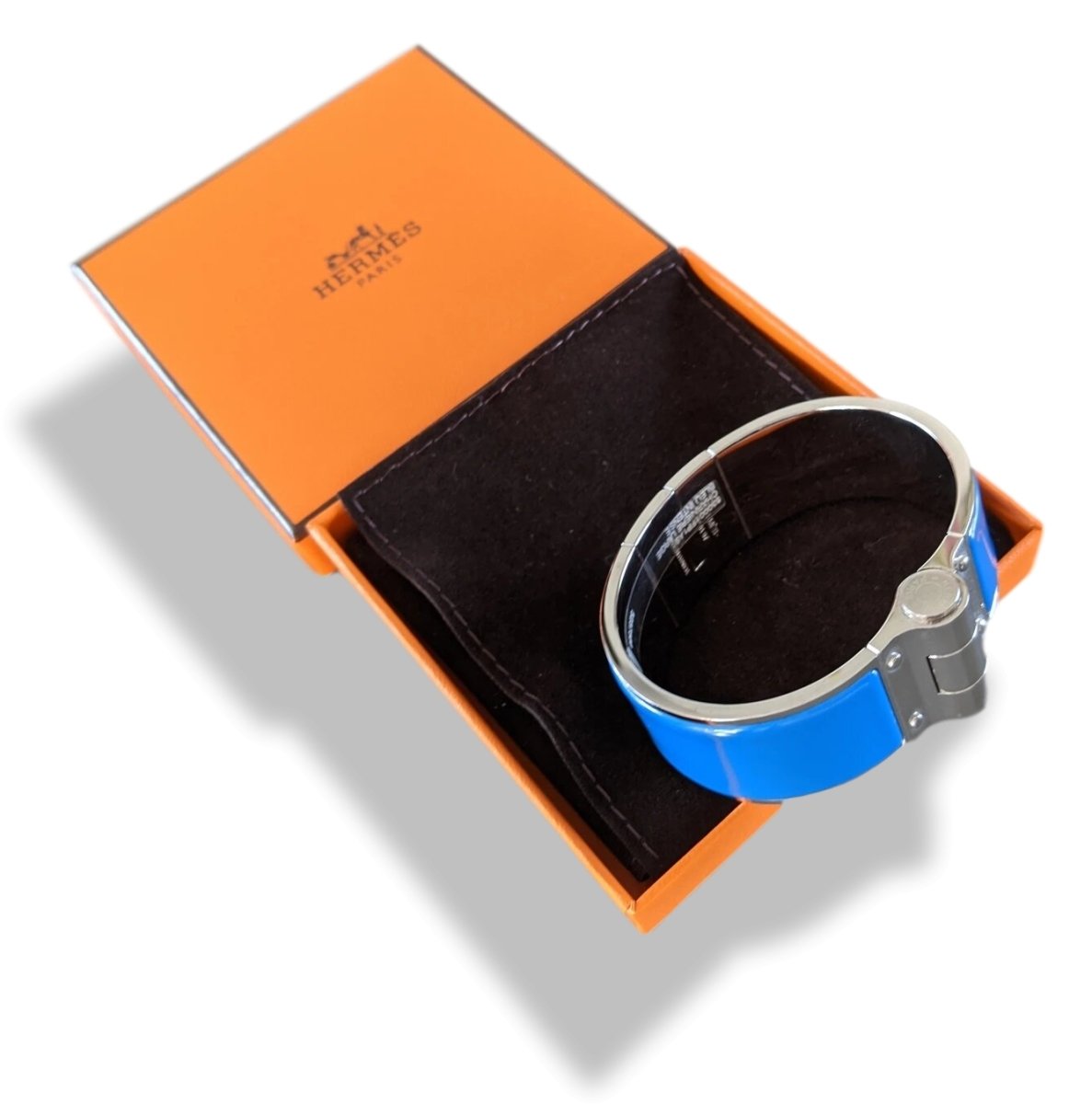Hermes [82] Intense Blue Enamel & Palladium CHARNIERE Wide Bangle Bracelet Sz S, BNIB! - poupishop