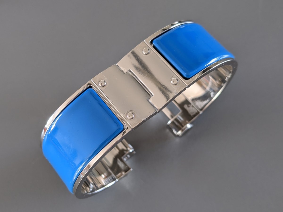 Hermes [82] Intense Blue Enamel & Palladium CHARNIERE Wide Bangle Bracelet Sz S, BNIB! - poupishop