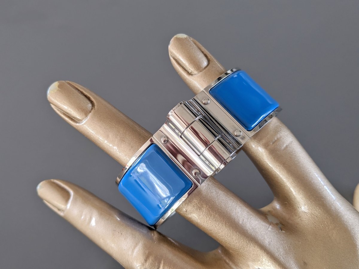 Hermes [82] Intense Blue Enamel & Palladium CHARNIERE Wide Bangle Bracelet Sz S, BNIB! - poupishop