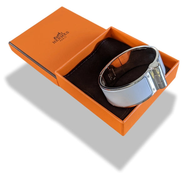 Hermes [83] Light Grey Enamel & Palladium CHARNIERE Wide Bangle Bracelet Sz L, BNIB! - poupishop