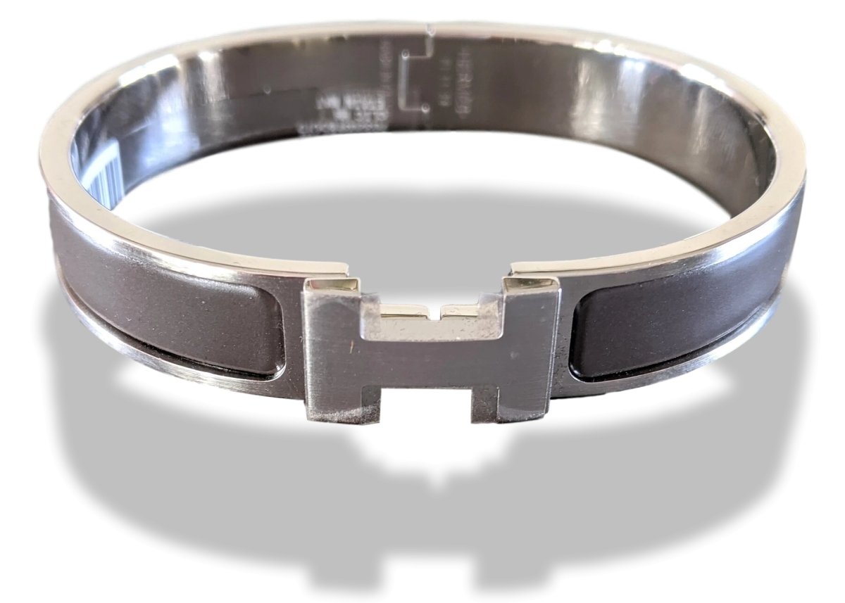 Hermes [84] Etain Mat Enamel & Palladium CLIC CLAC H Narrow Bangle Bracelet Sz L, BNIB! - poupishop