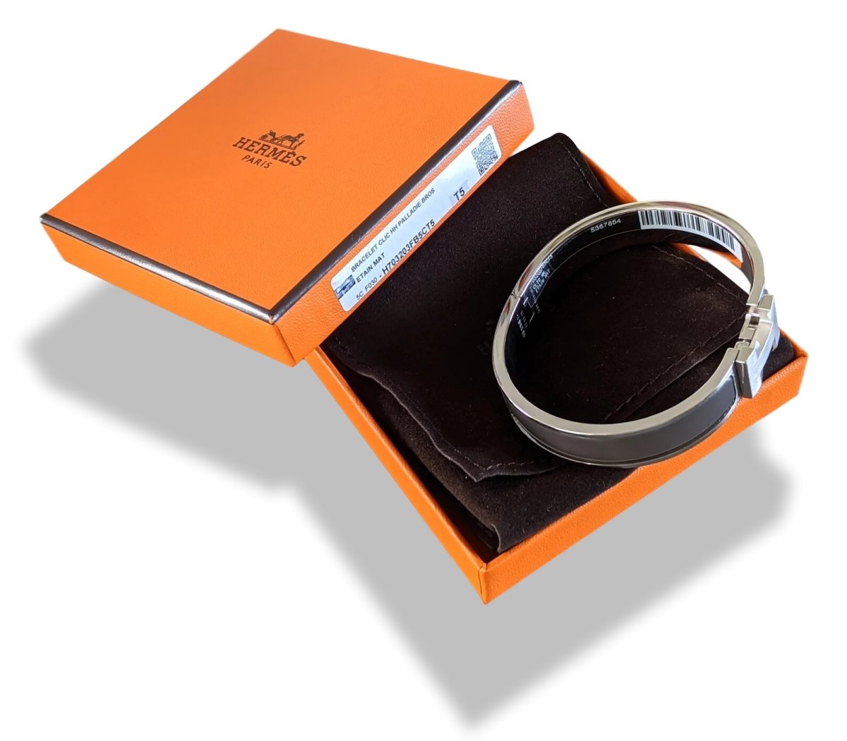 Hermes [84] Etain Mat Enamel & Palladium CLIC CLAC H Narrow Bangle Bracelet Sz L, BNIB! - poupishop